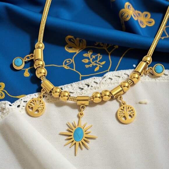 18K Gold Plated Stainless Steel Turquoise Necklace Sun Tree Of Life Charms - Picture 1 of 11